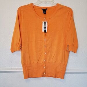 Audrey & Grace Women Orange Pearl Button 3/4 Sleeve Cardigan Sweater Large NWT